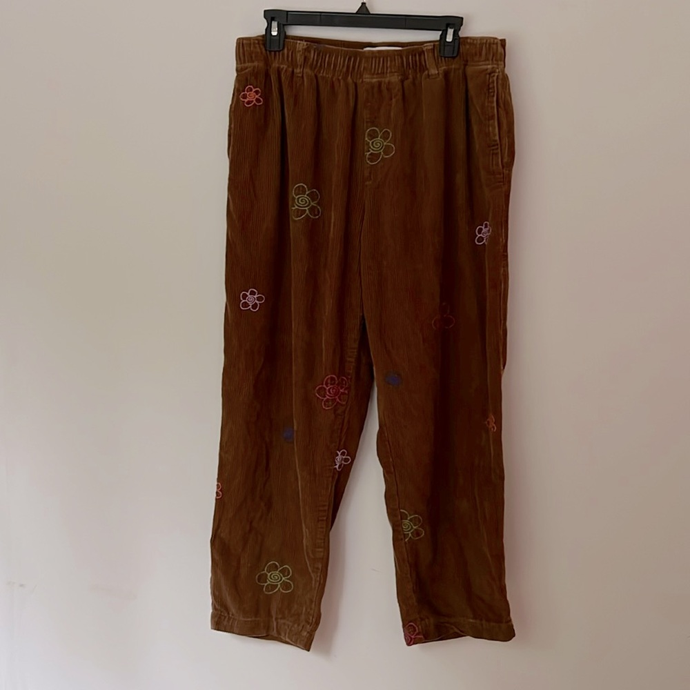 Urban Outfitters Embroidered Flower Power Brown Drawstring Boho Pocket Pant L
